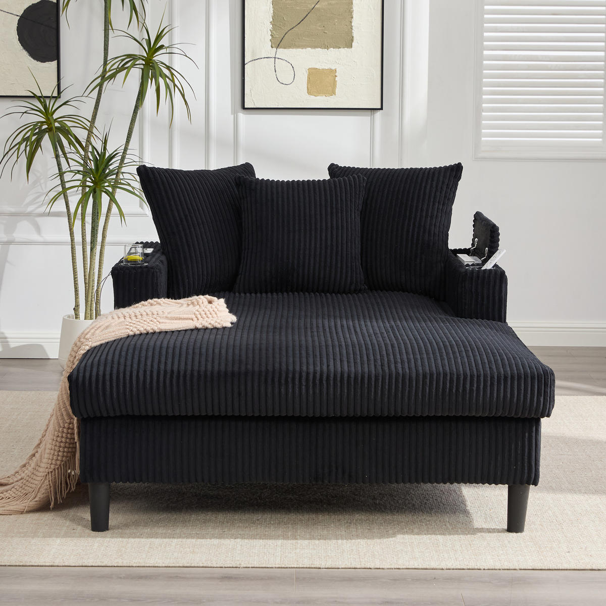 CHAISELONGUE Cord Schwarz mit LED, Stauraum, USB, Becherhaltern und Kissen - Schwarz, Kunststoff/Textil (129/70/170cm) - WISHDOR
