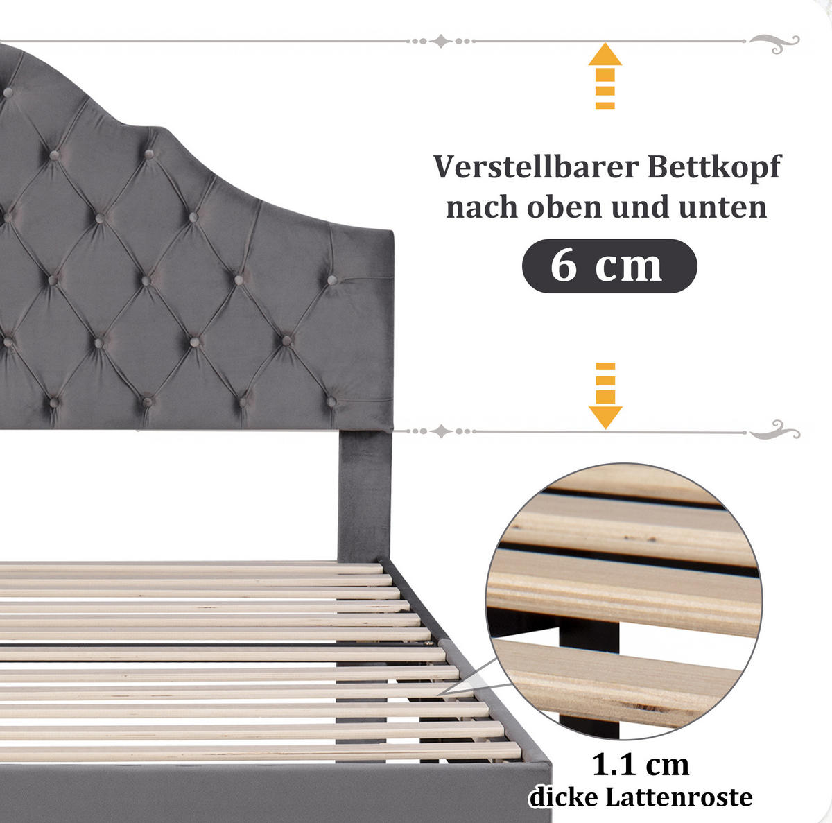POLSTERBETT 140/200 cm mit Lattenrost und gepolstertem Kopfteil aus Samt, Grau - Grau, Textil (140/200cm) - Redom