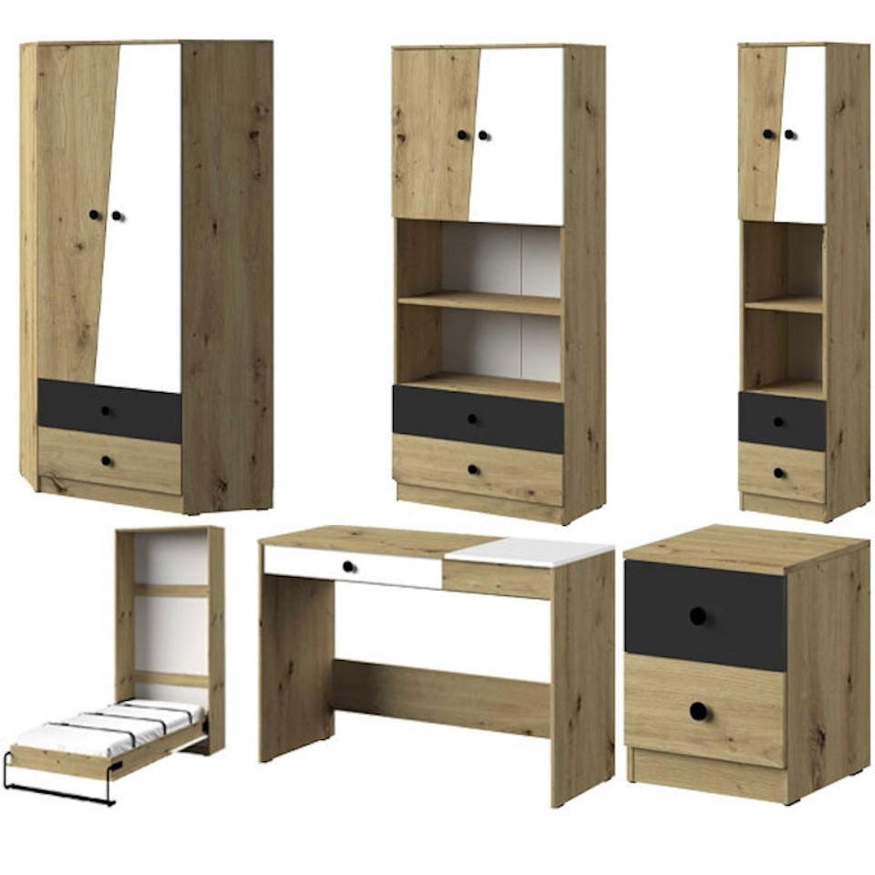 JUGENDZIMMER-SET Nero 6-teilig Artisan Eiche / Weiß-Schwarz-Matt 431 / 226 / 220cm - Eichefarben/Schwarz, Holz/Holzwerkstoff (431/220/226cm) - Feldmann-Wohnen