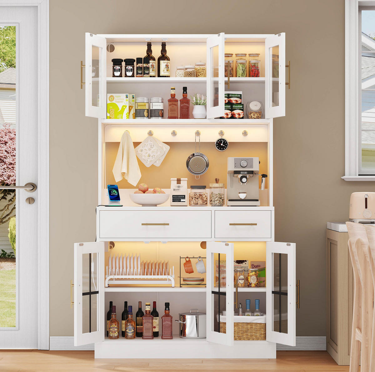 BUFFET aus MDF 100x40x180 cm Weiß mit LED-Lichtleisten, 6 Türen und 2 Schubladen - Weiß, Holzwerkstoff (100/180/40cm) - Modfu