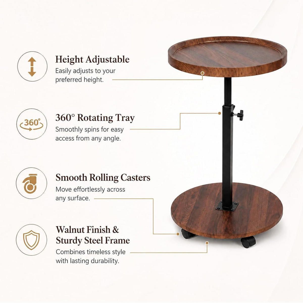 BEISTELLTISCH rund höhenverstellbar mit Rollen Nussbaum Finish - Braun, Holzwerkstoff (40/40/45cm)