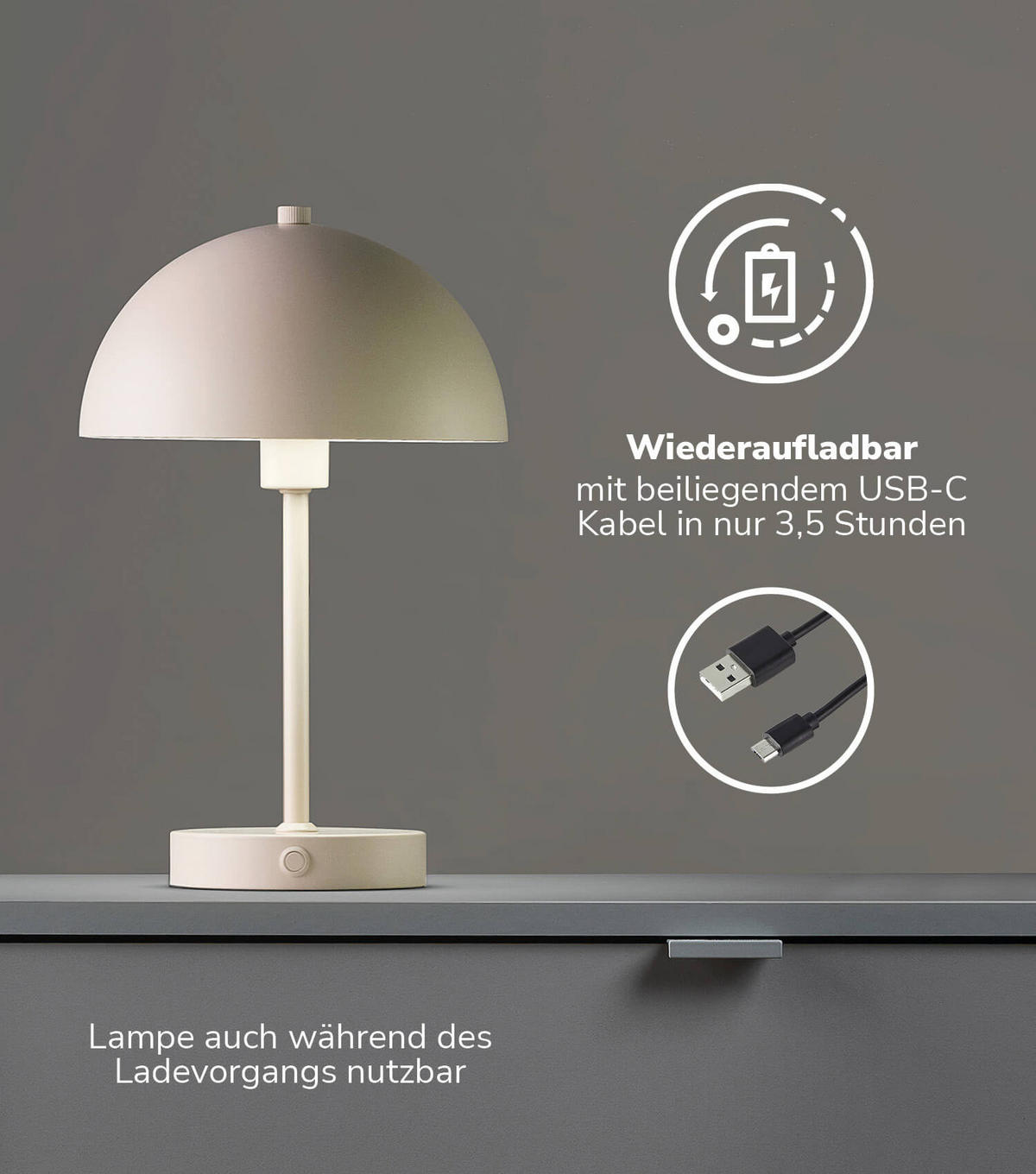 TISCHLAMPE KABELLOS Der Leuchtturm - Beige, Metall (20/20/31.5cm) - Mokebo