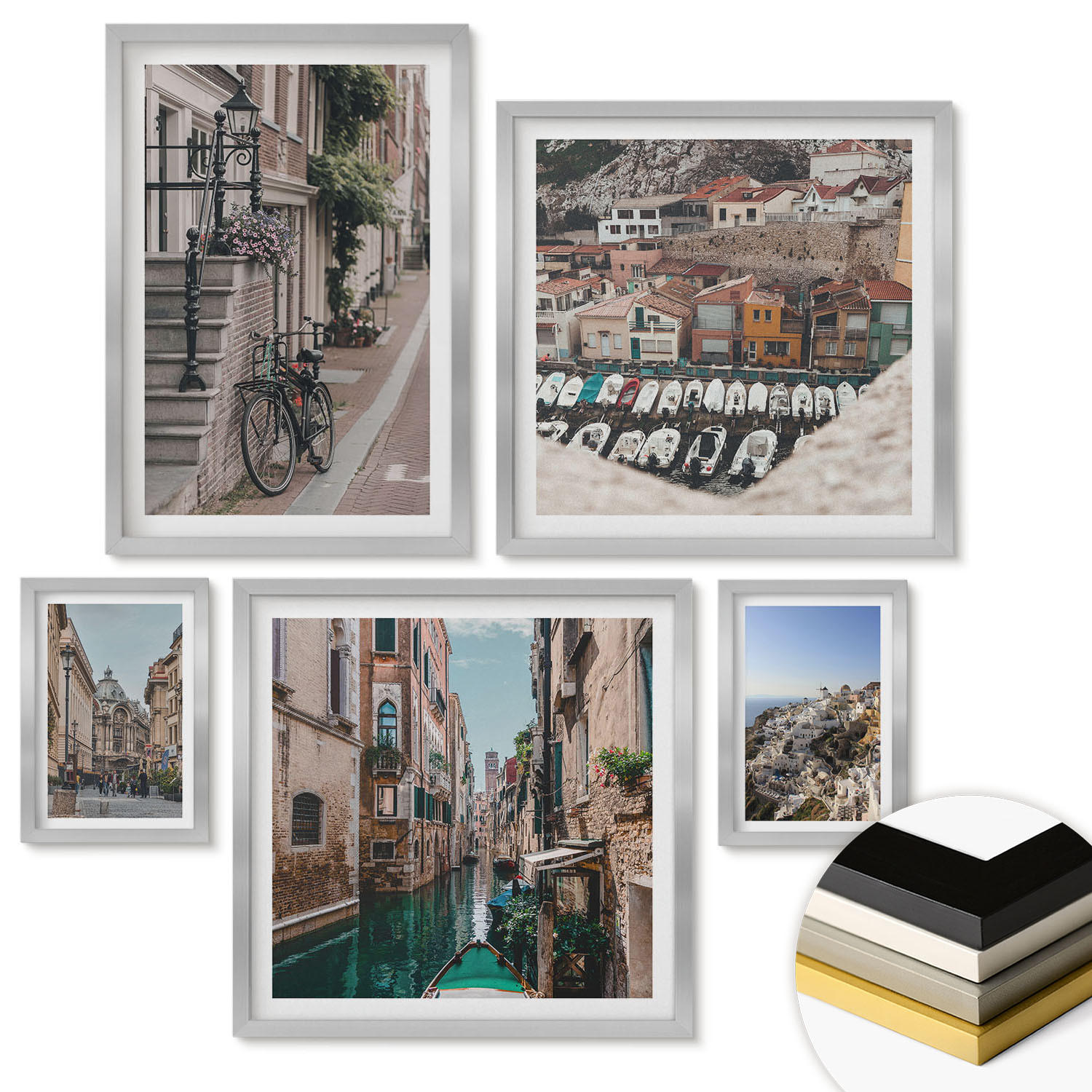 WANDBILDER 5er Set - 50x50 cm & 20x30 cm & 40x60 cm Silberner Rahmen - Blattmuster Marmor abstrakt - Silberfarben, Kunststoff (40/60cm) - ArtPrintCave