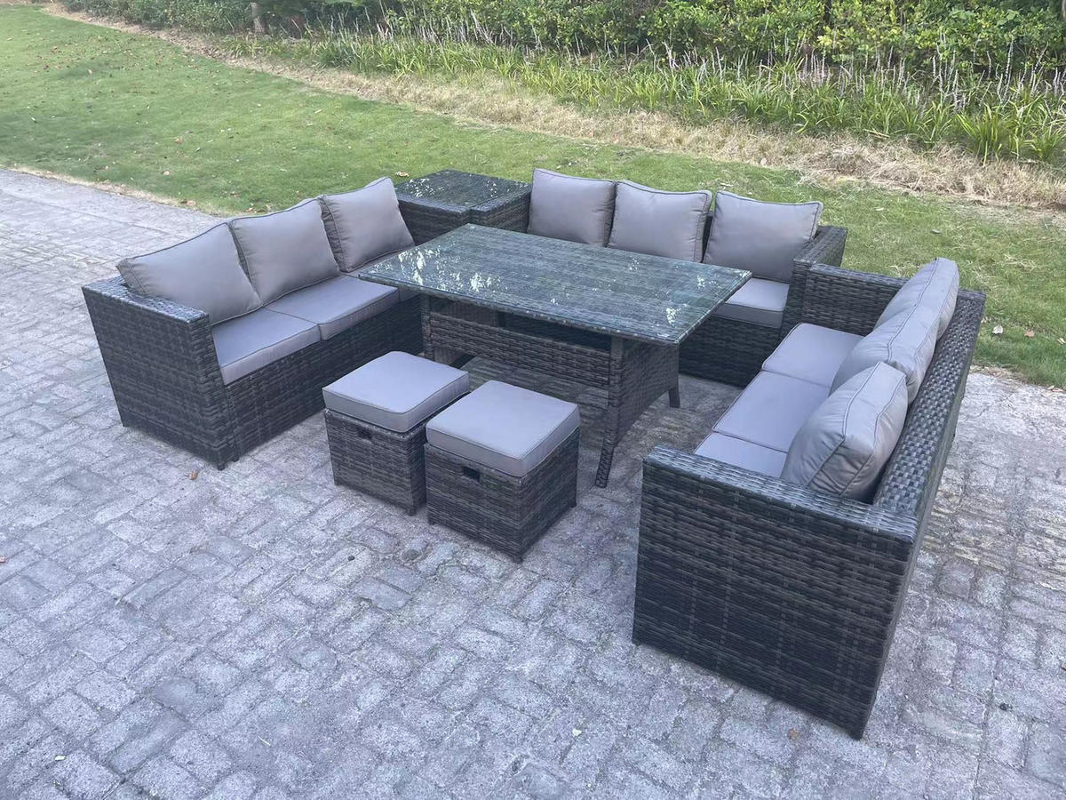 GARTENMÖBEL SET mit Beistelltisch,Esstisch Polyrattan 11-Sitzer - Dunkelgrau/Grau, Glas/Kunststoff - Fimous