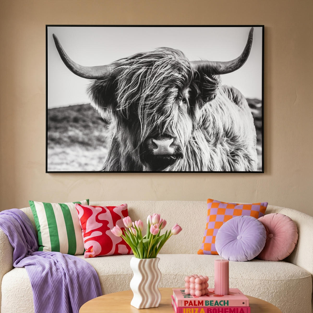 LEINWAND Bilder mit Rahmen - Kuh - Schottischer Hochländer - Schwarz - Weiß - Tier - Natur - Wildtiere - 140x90 - Schwarz, Textil (140/90cm) - MuchoWow