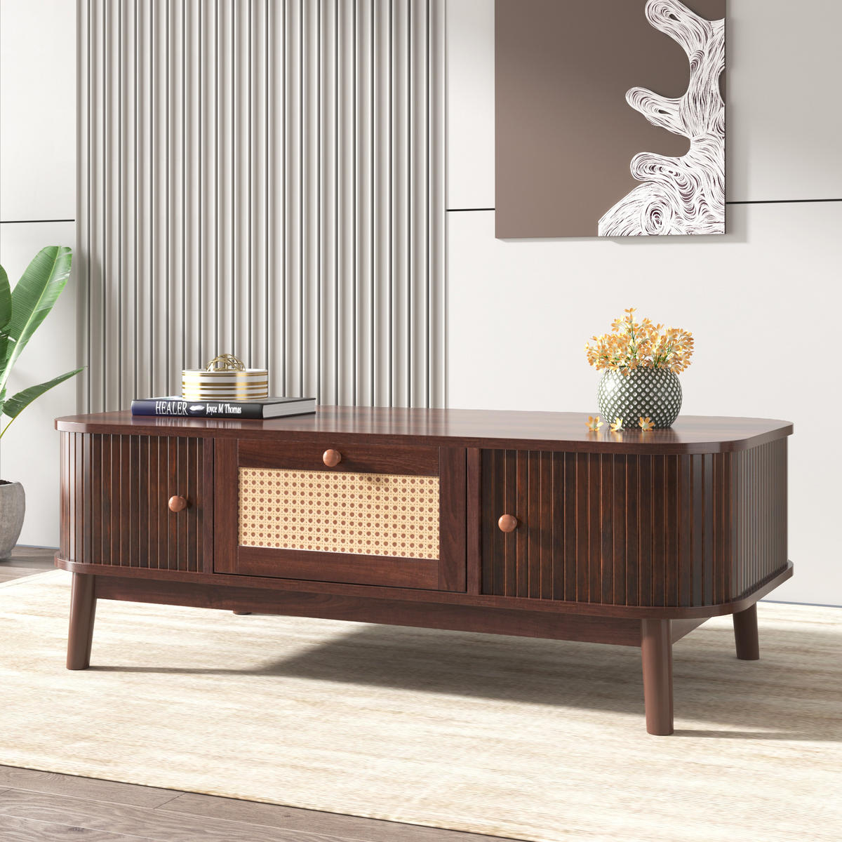 COUCHTISCH 110/55/38,5 cm Natur Rattan mit Massivholz-Schubladen und Türen - Naturfarben, Holzwerkstoff (110/55/38.5cm) - OKWISH