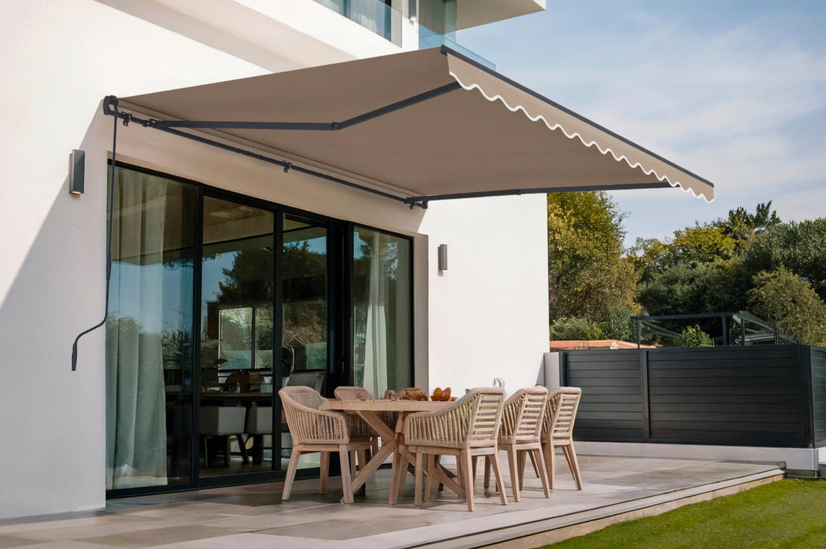 EINTEILIGE MARKISE Vecchio Taupe 4m x 3m - Premium-Leinwand 320g/m² - Taupe, Metall (395/270/300cm) - Cazeboo