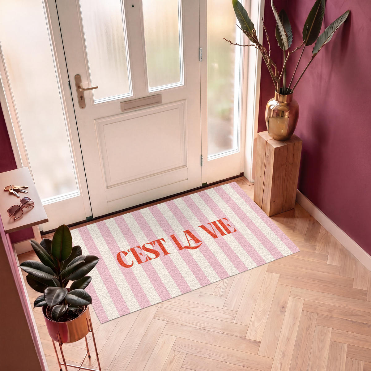 FUSSMATTE Zartrosa – Rot – Streifen – C'est La Vie 150x90 cm - Rosa, Kunststoff (150/0.4cm) - MuchoWow
