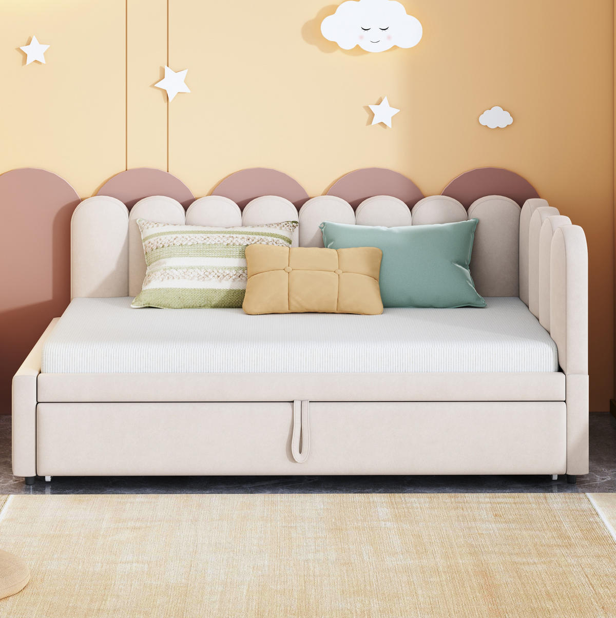 ROZKLADACIA posteľ 90/200 cm béžová v tvare L s výsuvným lôžkom zo zamatu - béžová, textil (90/200cm) - OKWISH