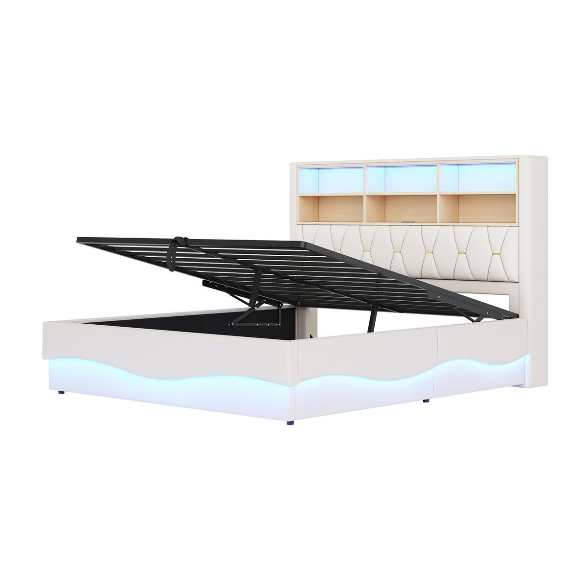 ČALÚNENÁ posteľ 180/200 cm, kov, béžová, s LED osvetlením, USB a hydraulickým úložným priestorom - béžová, kov (180/200cm) - BEAOK