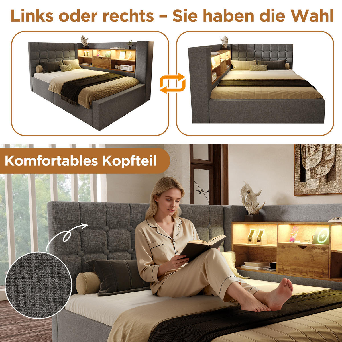 POLSTERBETT 90/200 cm Grau mit LED, USB und Stauraum ohne Matratze - Grau, Textil (90/200cm) - MIVRAY