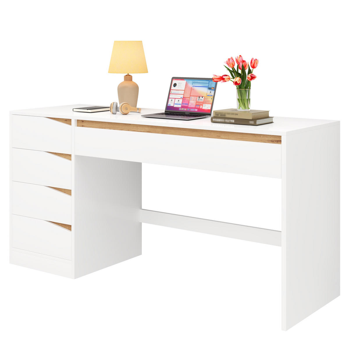 SCHREIBTISCH Weiß/Eichefarben 140/50/78 cm mit 5 Schubladen und großer Arbeitsfläche - Weiß, Holzwerkstoff (50/140/78cm) - PANGIVO