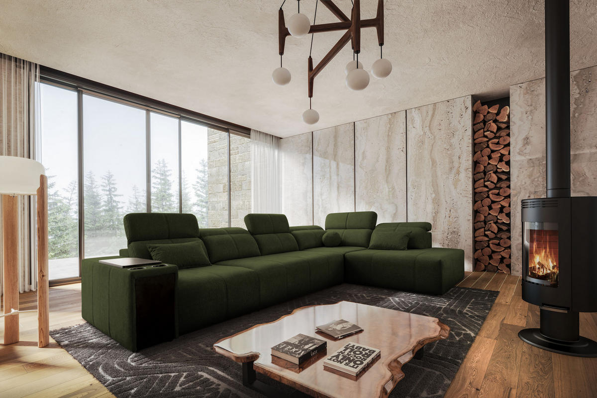 ECKSOFA L-Form Mindy XI Mit Schlaffunktion Und Verstellbarer Rückenlehne Stoff Verita Dunkelgrün Rechts - Dunkelgrün, Holz/Textil (350/230cm) - Kaiser Möbel