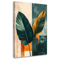 WANDBILD, Exotische Blätter in Grün und Gold auf geometrischem Hintergrund - Grün, Textil (30/45cm) - Feeby