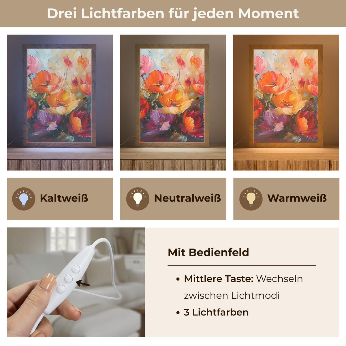 TISCHLEUCHTE Blumen - Bunt - Malerei - Abstrakt - Kunst 20x30 cm - Alufarben, Holzwerkstoff (8/20/30cm) - OnlyWow