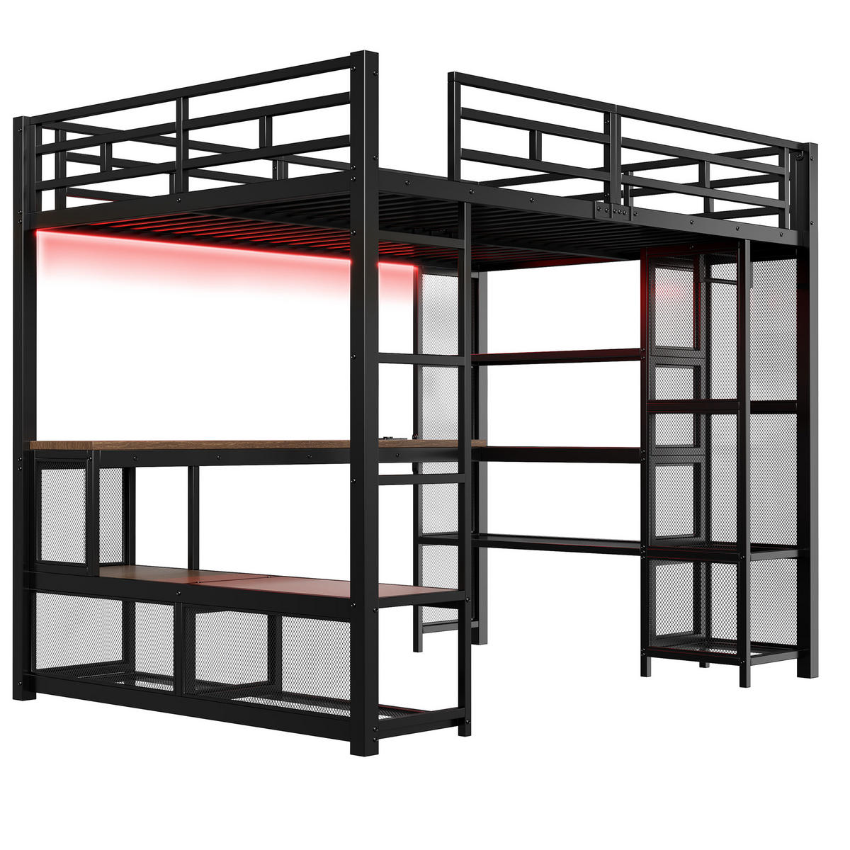HOCHBETT 140/200 cm in Schwarz mit Schreibtisch, Regal und LED - Schwarz, Holzwerkstoff/Metall (140/200cm) - WISHDOR