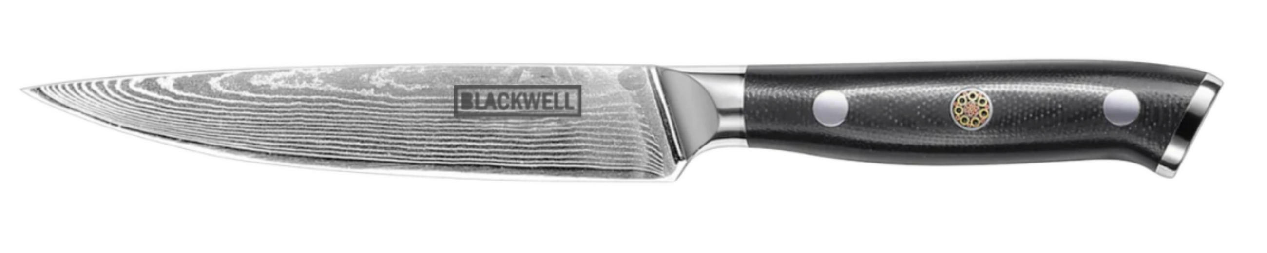 GEMÜSEMESSER Büromesser im japanischen Stil - 67-lagiger Damaststahl - VG10 - 12,5 cm - Schwarz, Metall (1cm) - Blackwell