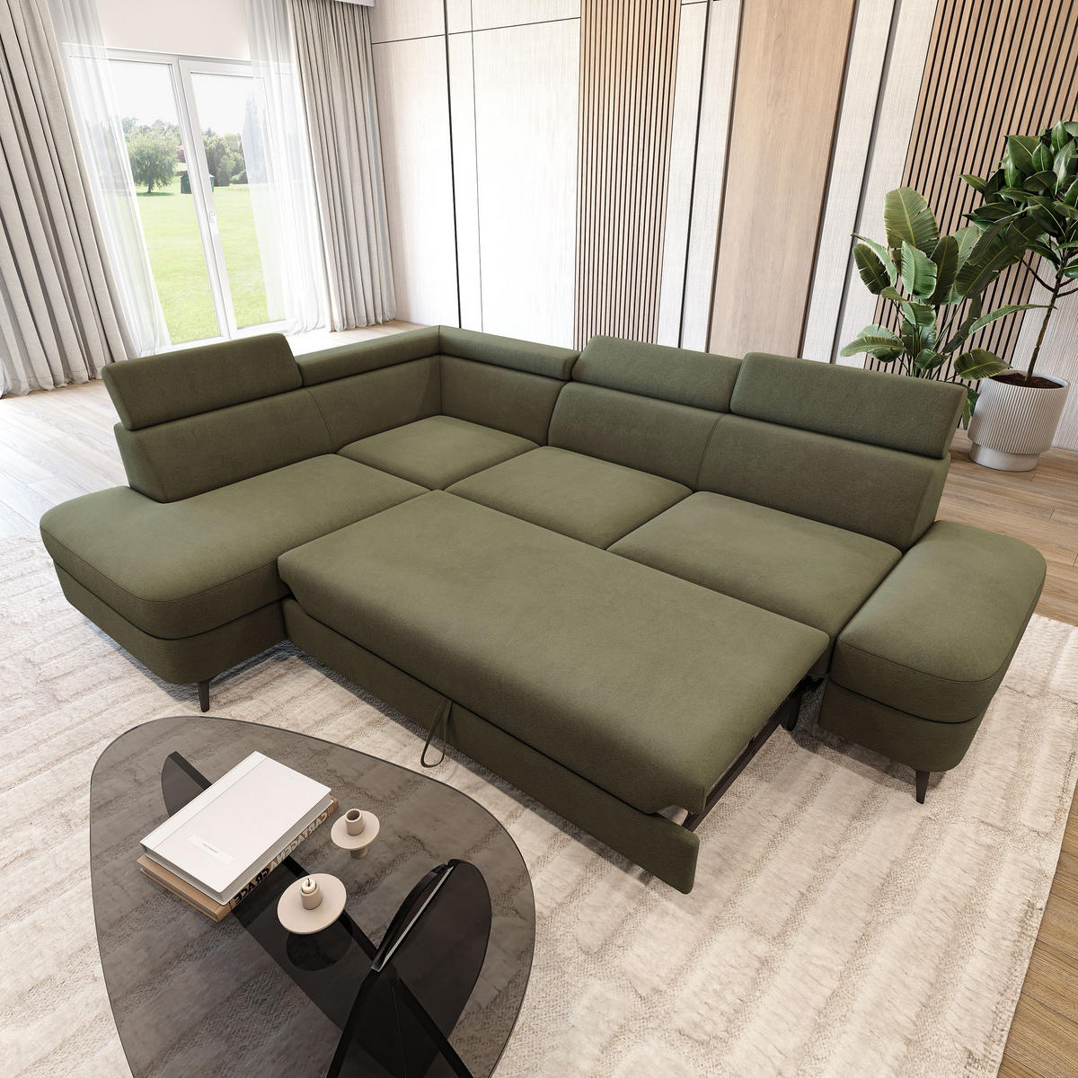 ECKSOFA AVISE MV L-S Grün Velours-Stoff mit Schlaffunktion - Grün, Holzwerkstoff/Textil (268/195cm) - MASSENO