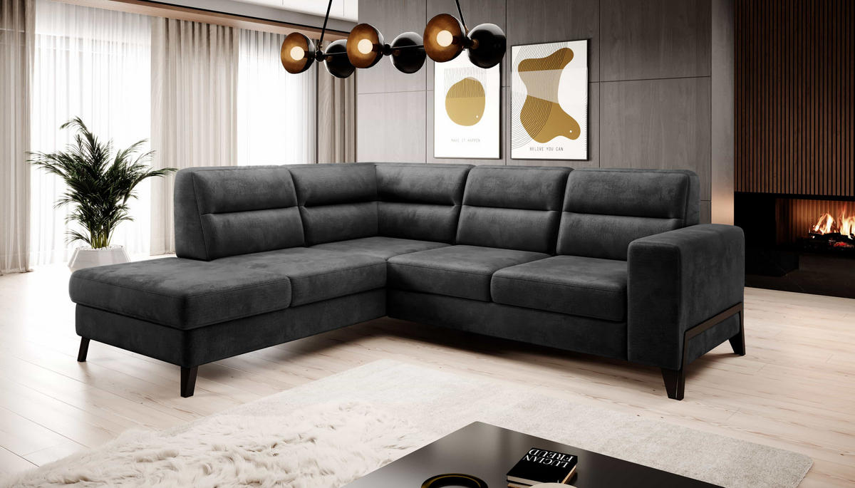 ECKSOFA mit Schlaffunktion & Bettkasten, luxus Nube-Stoff - Dunkelgrau/Schwarz, Textil/Metall (277/237cm) - Eltap