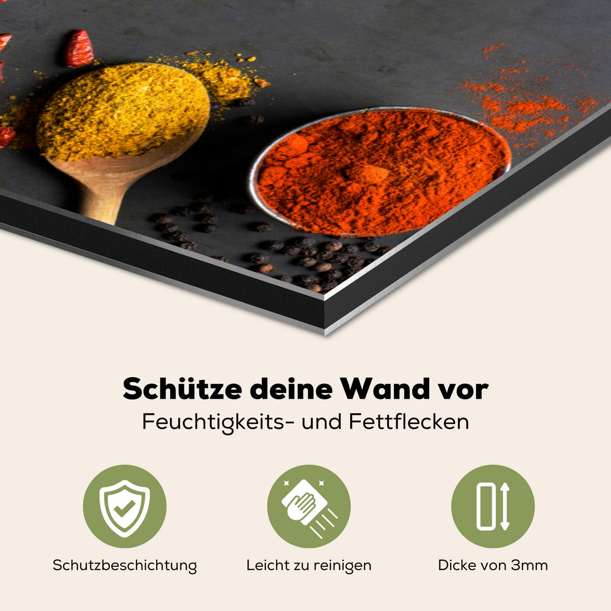 SPRITZSCHUTZ KÜCHE Kräuter - Lebensmittel - Gewürze - Schwarz - Paprika - Zimt 70x50 cm - Currygelb, Metall (70/0.3/50cm) - MuchoWow