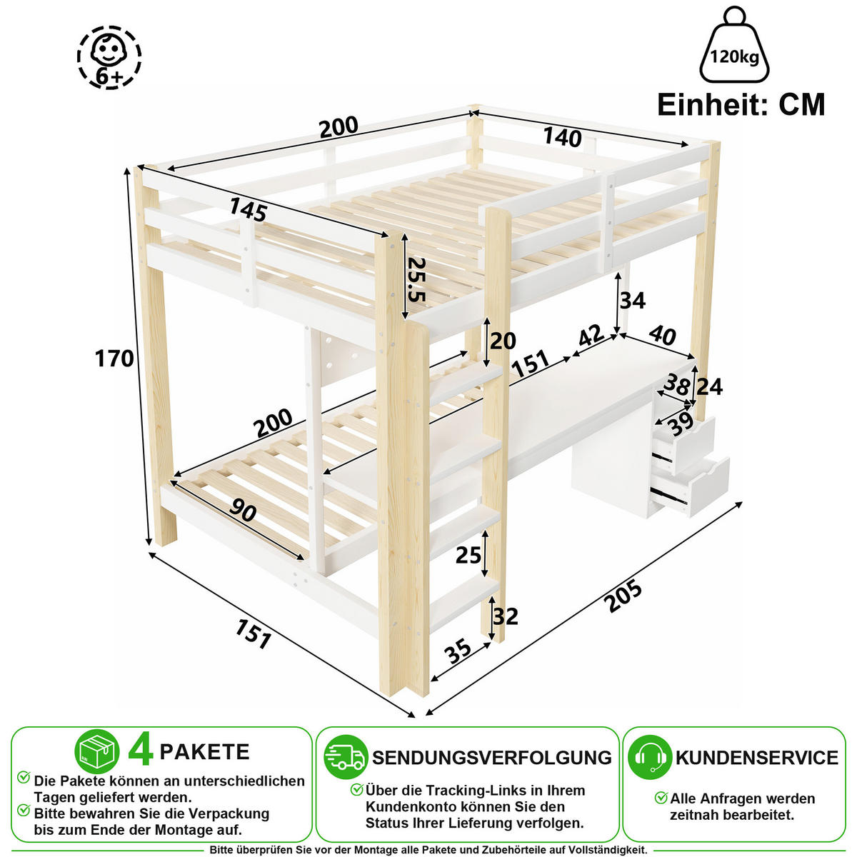 PATROVÁ POSTEL 140/200 cm & 90/200 cm v bílé a přírodní barvě se stolem a LED - bílá/přírodní, dřevo/kompozitní dřevo (140/200cm) - CHICFURN