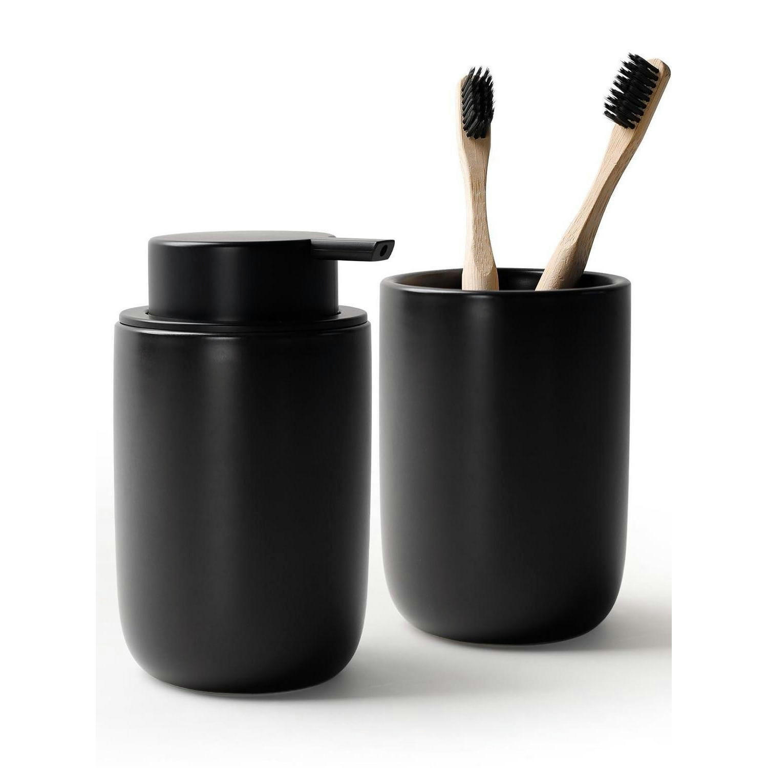 SEIFENSPENDER mit Zahnbürstenhalter Keramik Schwarz 350ml - Schwarz, Keramik (8/14/8cm)