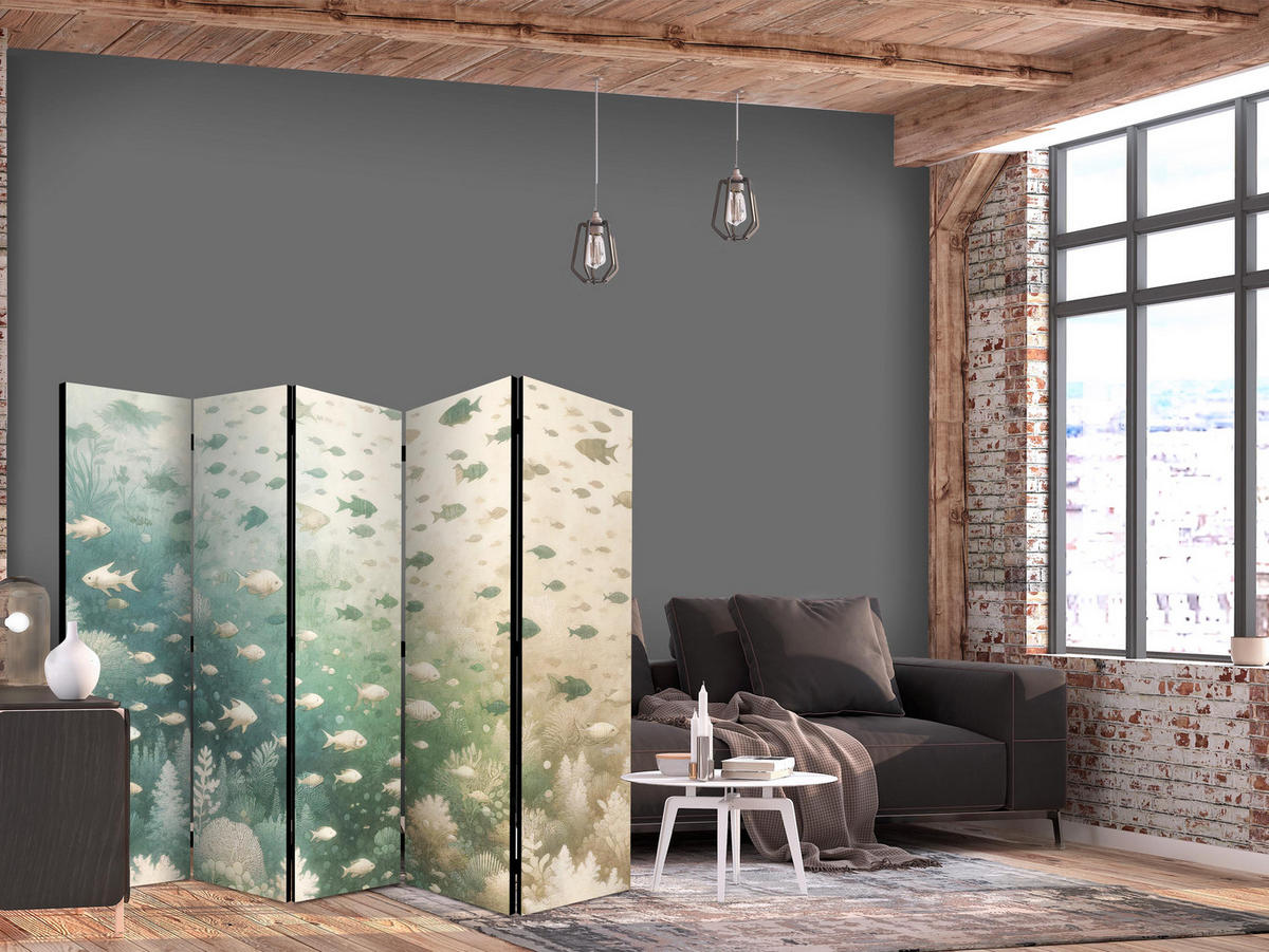 PARAVENT Akustik 5-tlg 225x172 cm Fische Meer - Blau, Holz/Textil (225/172/3cm) - Muralo