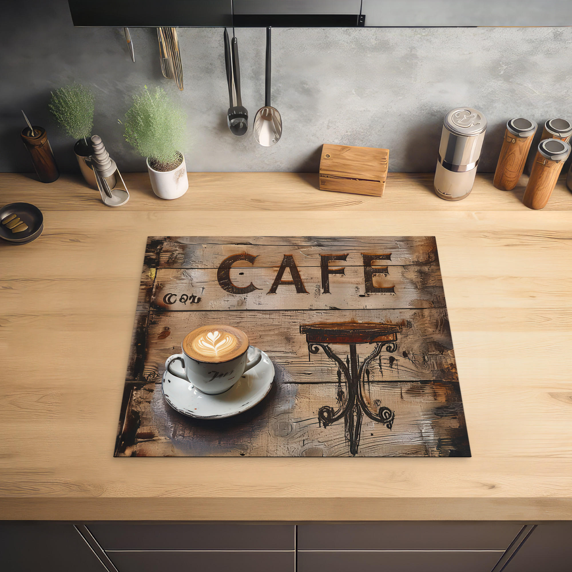 HERDABDECKPLATTE Cafe - Holz - Kaffee - Regale 59x52 cm - Schwarz, Kunststoff (59/0.2/52cm) - MuchoWow