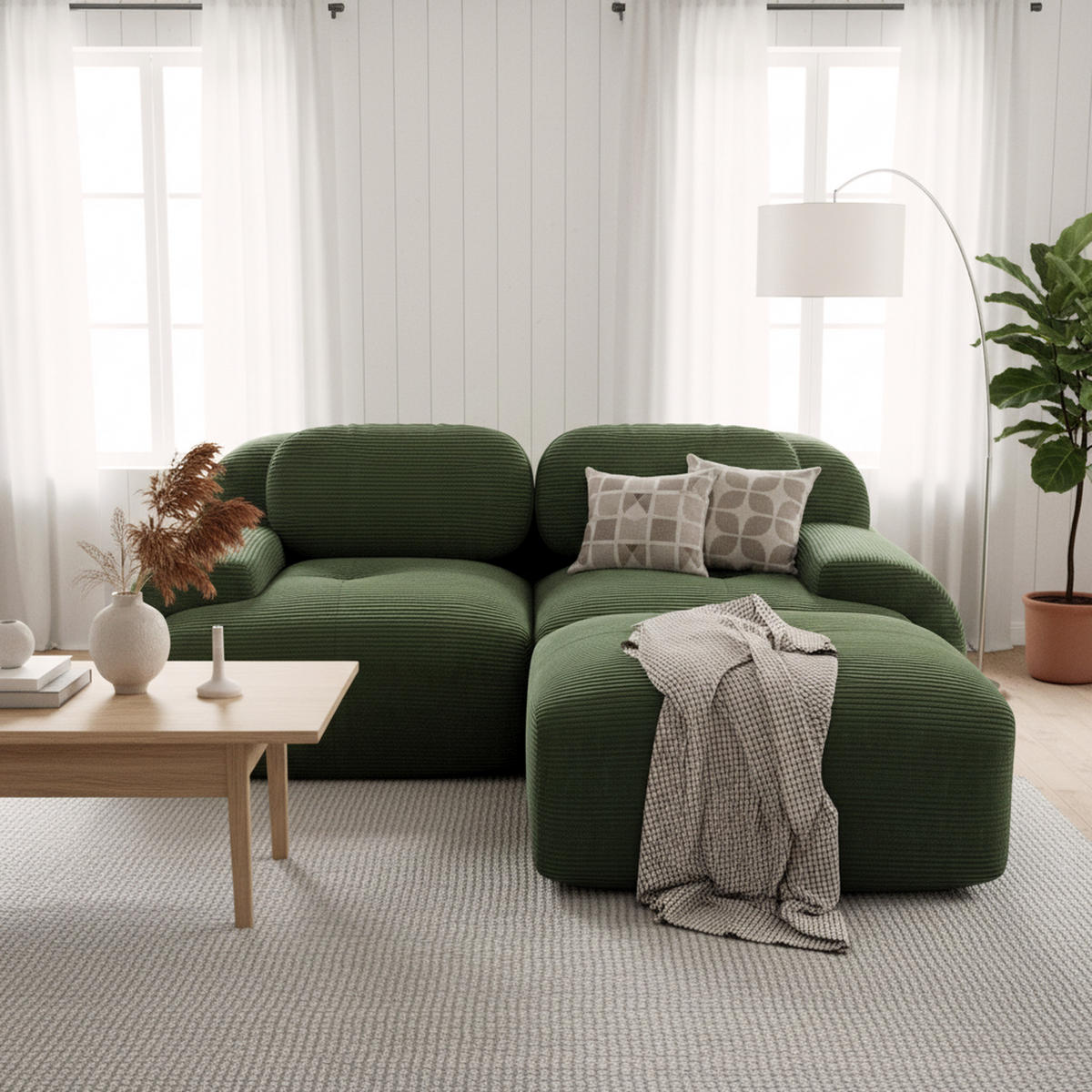 ECKSOFA 3-Sitzer in Premium-Cord Grün Montagefrei & Rutschfest - Grün, Textil (208/178cm) - Urban Meuble