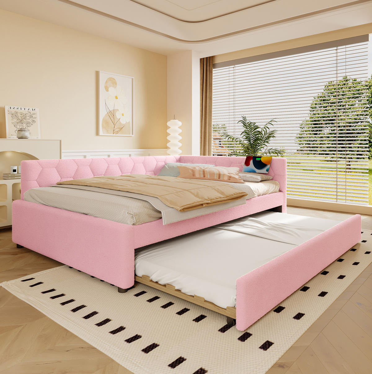 TAGESBETT 140/200 cm mit Ausziehbett, USB- und Typ-C-Anschluss, Nachttischlampe und Vliesimitat-Bezug, Rosa/Weiß - Rosa, Textil (140/200cm) - Redom