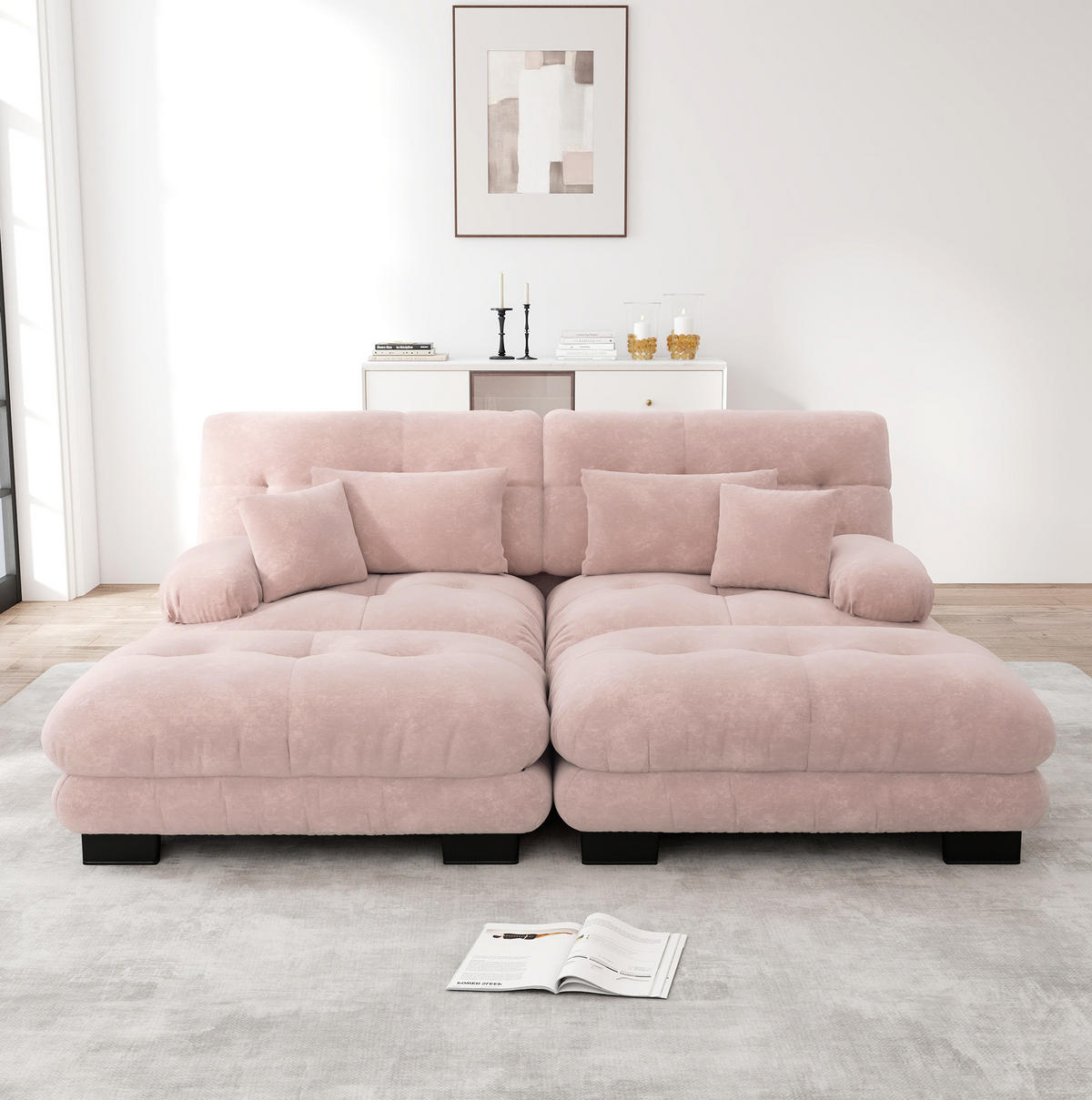 ECKSOFA mit modularem Design, beweglichen Ottomane, Deko- und Lendenkissen aus Chenille, Pink - Pink, Textil (220/145cm) - Redom