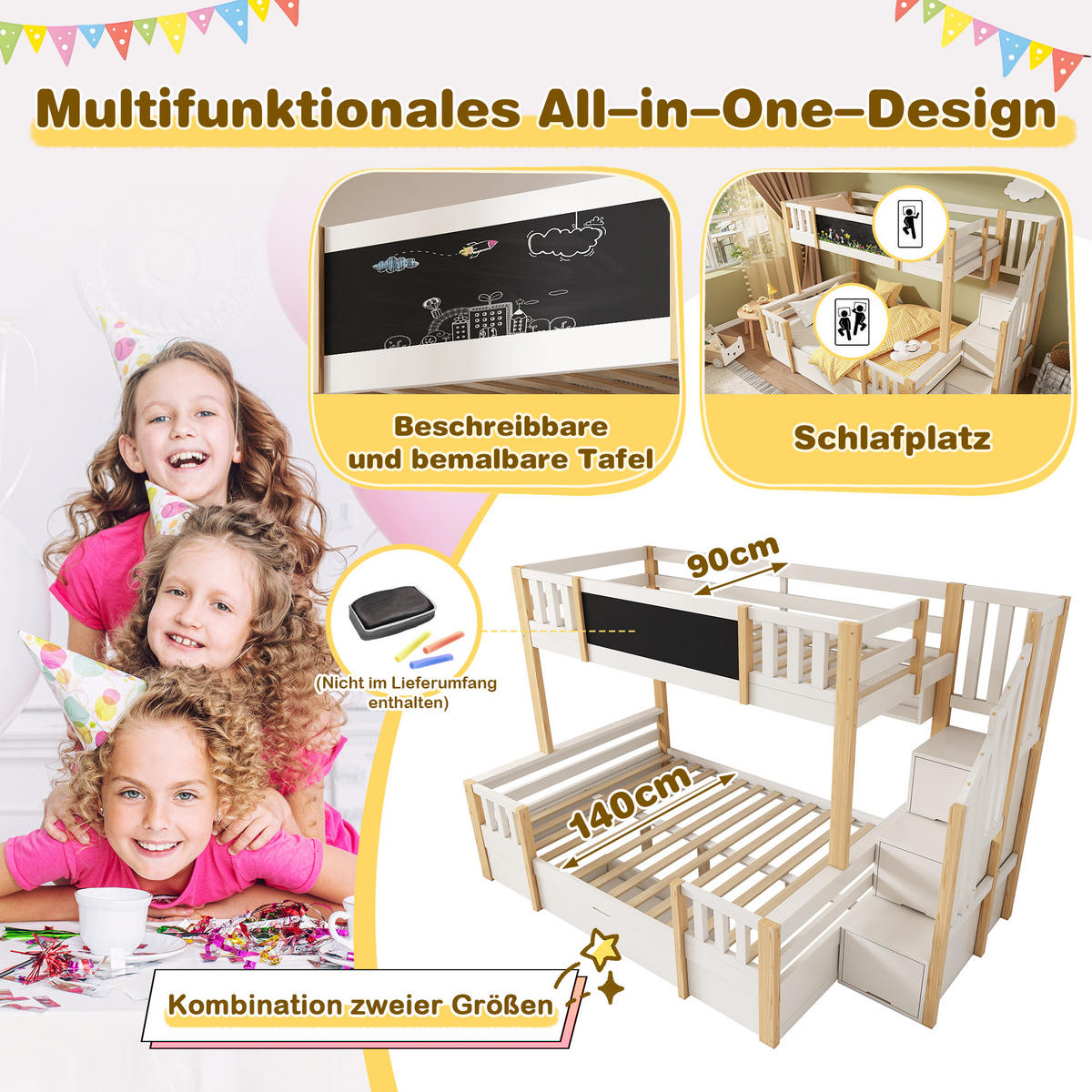 ETAGENBETT 90/200 cm & 140/200 cm in Weiß & Natur mit Schubladen, Regal und Leiterschrank - Weiß/Naturfarben, Holz/Holzwerkstoff (90/200cm) - WISHDOR