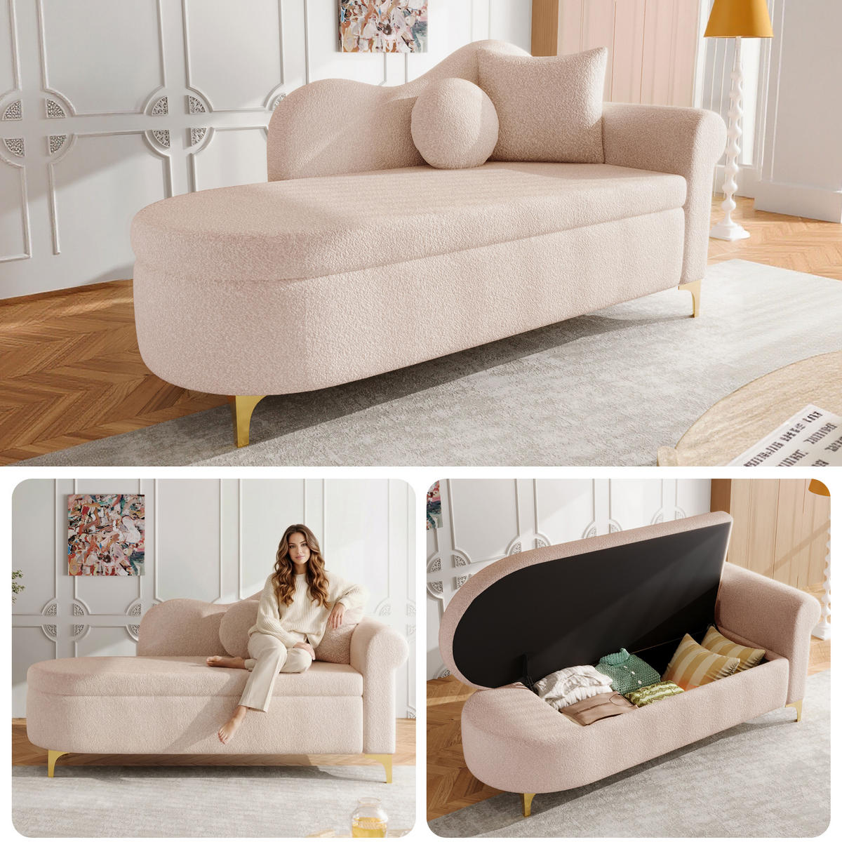 CHAISELONGUE 134 cm mit Stauraum, modernes Design, Teddyplüsch, wellenförmige Rückenlehne, inkl. Lenden- & Nackenkissen - Hellrosa, Textil (64/70/134cm) - Ej. Life