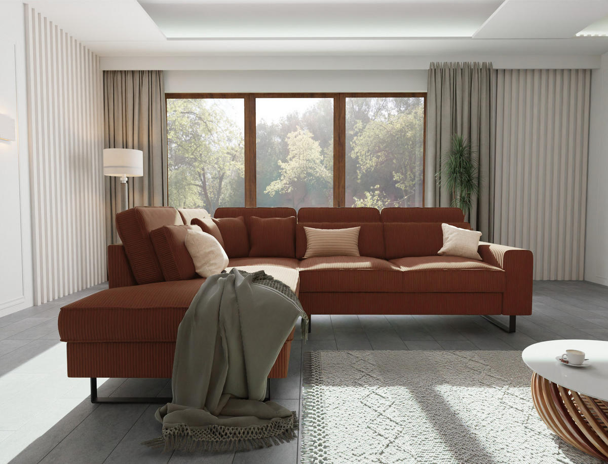 ECKSOFA Floe Terrakotta Cord - Terra cotta/Schwarz, Holz/Kunststoff (290/231cm) - S-Style Möbel