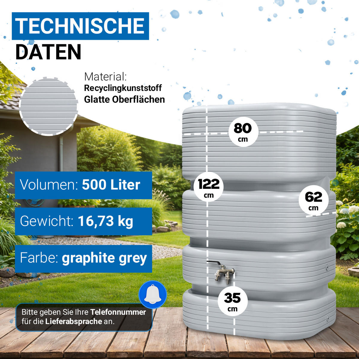 REGENTONNE Wandtank Komplett-Set 500 L, betongrau inkl. Chrom-Doppelauslaufhahn und Fallrohranschluss - Grau, Kunststoff (62/122/80cm) - 4rain