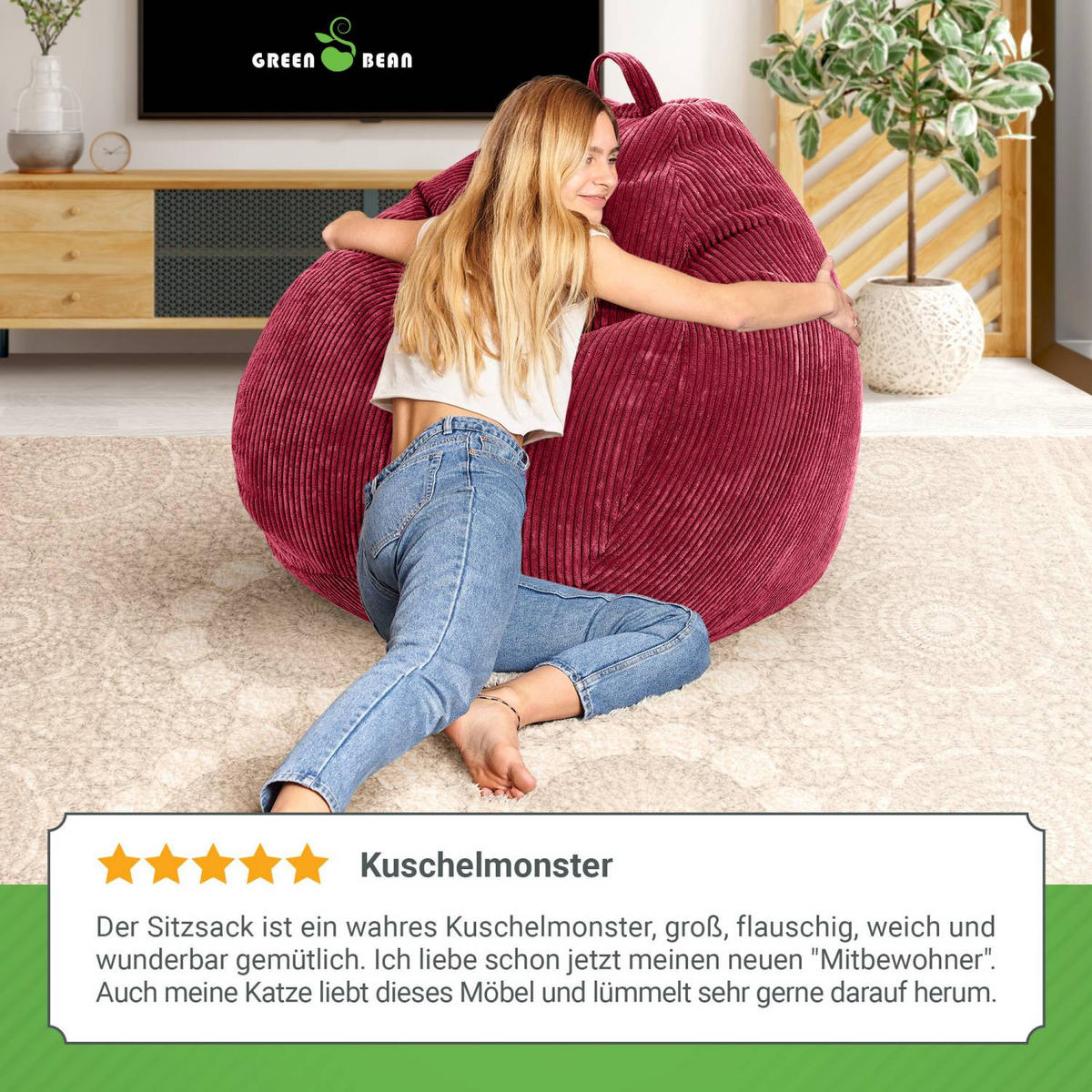 SITZSACK Indoor "Scoop" 90x110cm - Cord - Rot, Textil (90/110/90cm) - Green Bean