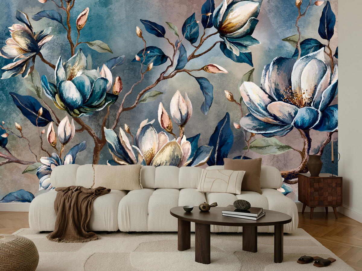 FOTOTAPETE für Wohnzimmer Wunderschöne Magnolien Blätter Zweige Blumen 500x350 - Multicolor, Papier (500/350cm) - Muralo