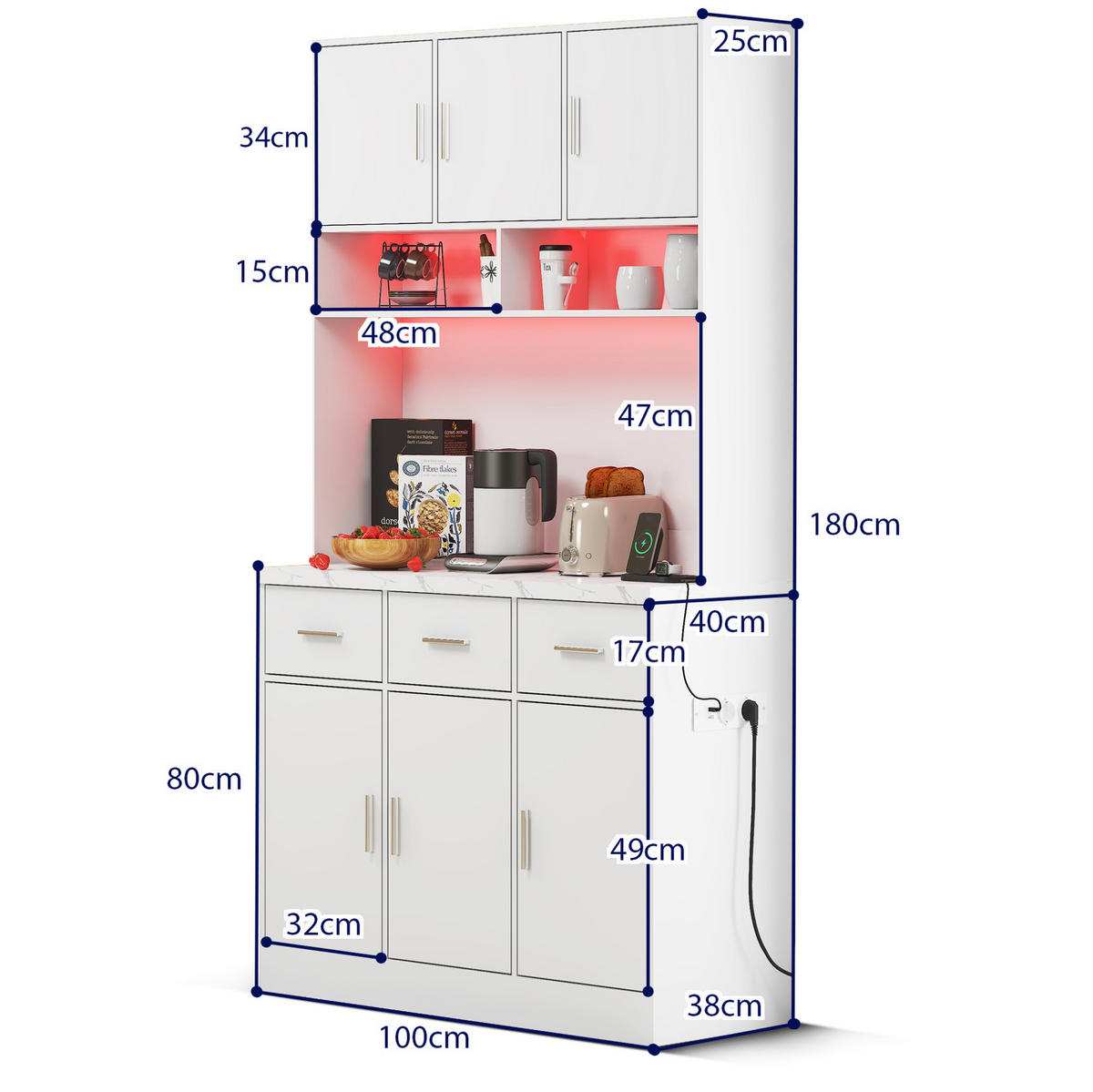 KÜCHENSCHRANK mit LED 100 x 40 x 180 cm MDF Weiß - Weiß, Holzwerkstoff (40/180/100cm) - Meubliv