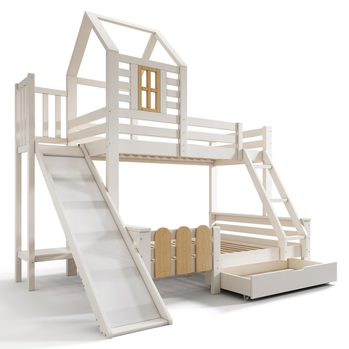 ETAGENBETT mit Rutsche und Schublade 90x200 und 140x200 cm Weiß/Natur - Weiß, Holzwerkstoff (90/200cm) - Beauniv