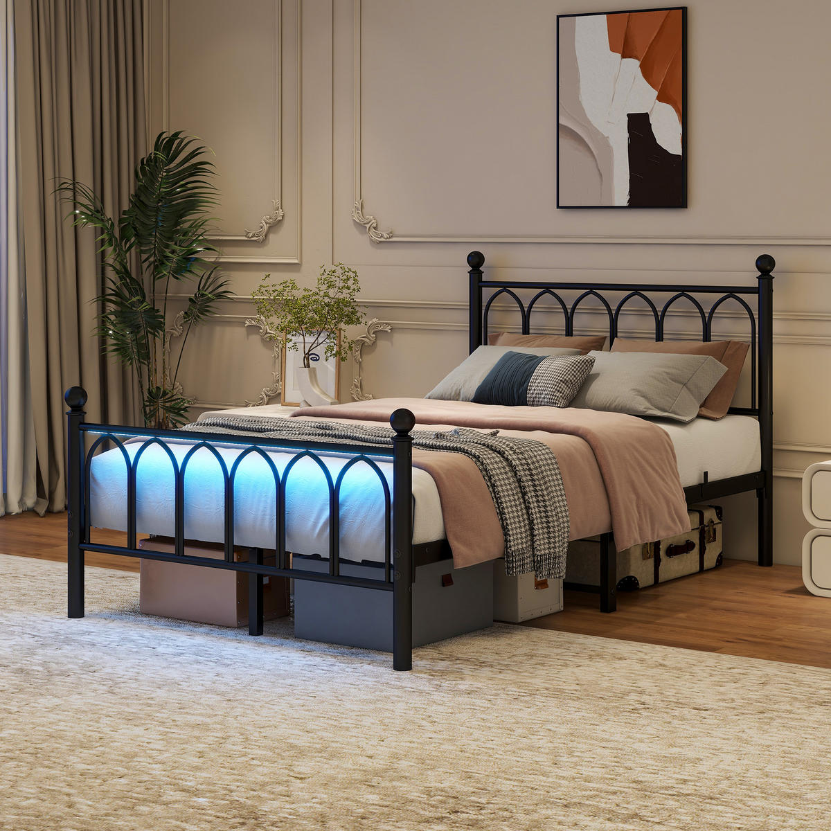METALLBETT 120x200 cm LED USB schwarz - Schwarz, Metall (120/200cm) - LEBENLANG