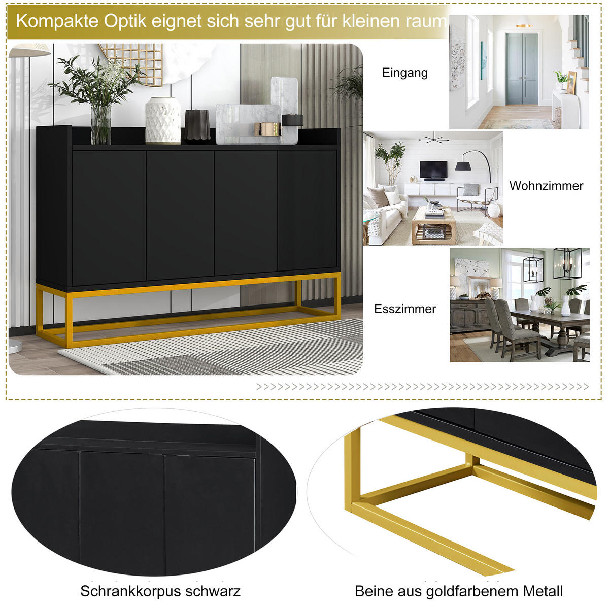 SIDEBOARD Schwarz 120/30/80 cm - Schwarz, Holzwerkstoff/Metall (30/80/120cm) - Urban Meuble