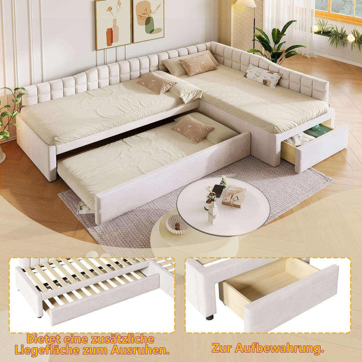 POLSTERBETT 90/200 cm & 90/200 cm in Beige mit Ausziehbett, Schubladen und Samtbezug - Beige, Holzwerkstoff/Textil (90/200cm) - STILVORA