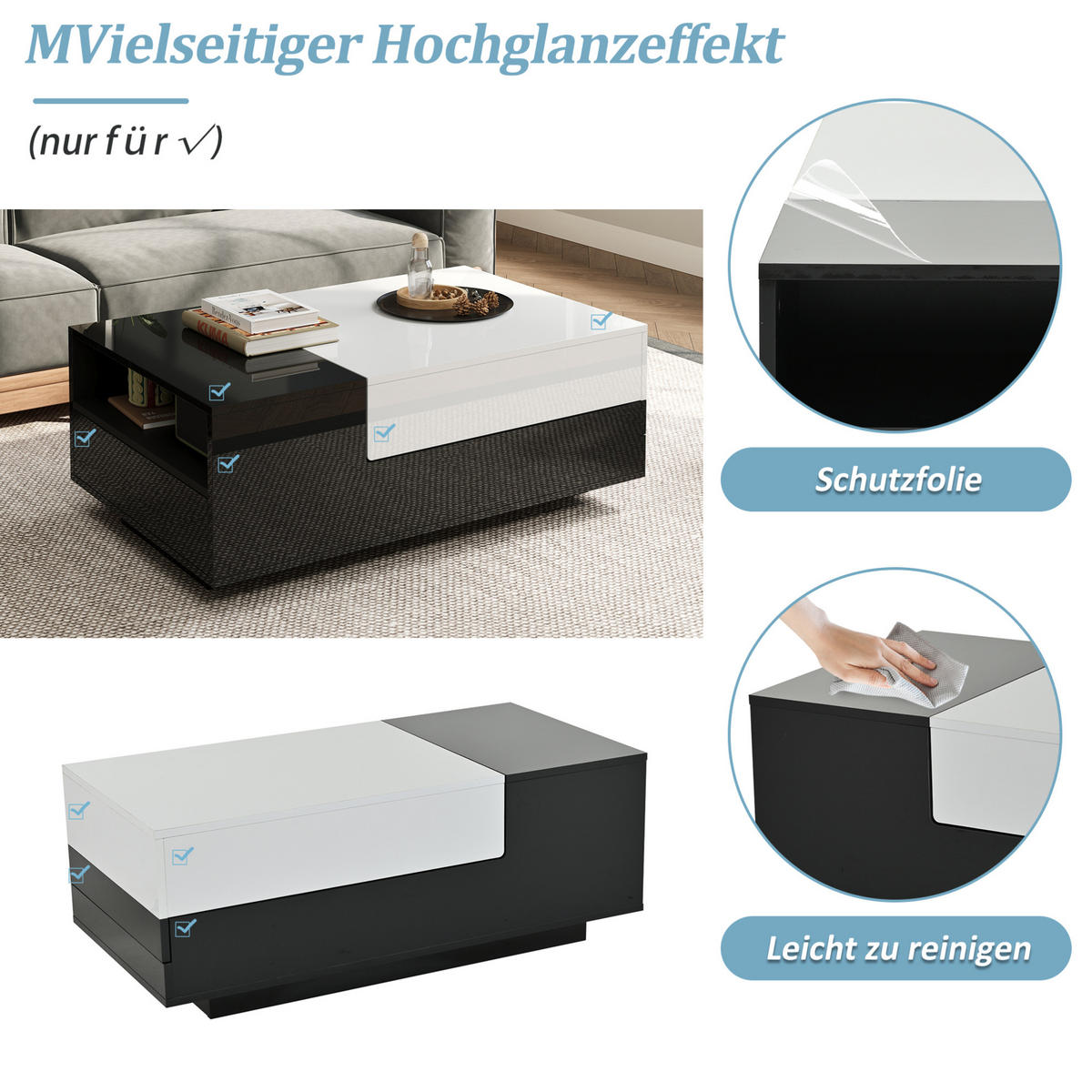COUCHTISCH aus Spanplatte 100x50x38 cm Weiß/Schwarz mit 2 Schubladen, verstellbarer Schiebeplatte und Hochglanzoberfläche - Weiß, Holzwerkstoff (100/50/38cm) - Modfu
