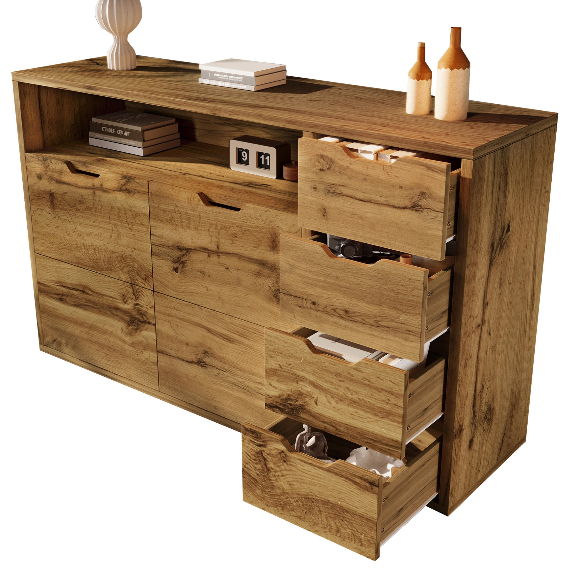SIDEBOARD 150/40/90 cm mit 2 Türen, 4 Schubladen, offenem Fach und verstellbaren Einlegeböden, Eichefarben - Eichefarben, Holzwerkstoff (150/90/40cm) - Redom