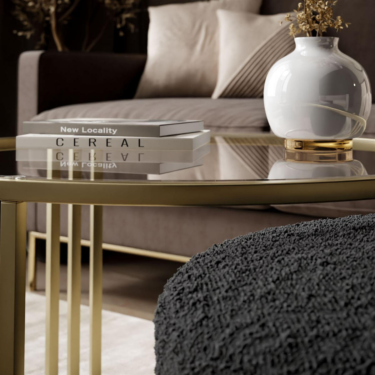 COUCHTISCH mit Hocker LORI GLASS gebürstetes Gold/transparentes Glas/Coral 60 - Transparent, Metall (70/70/49cm) - Lookway