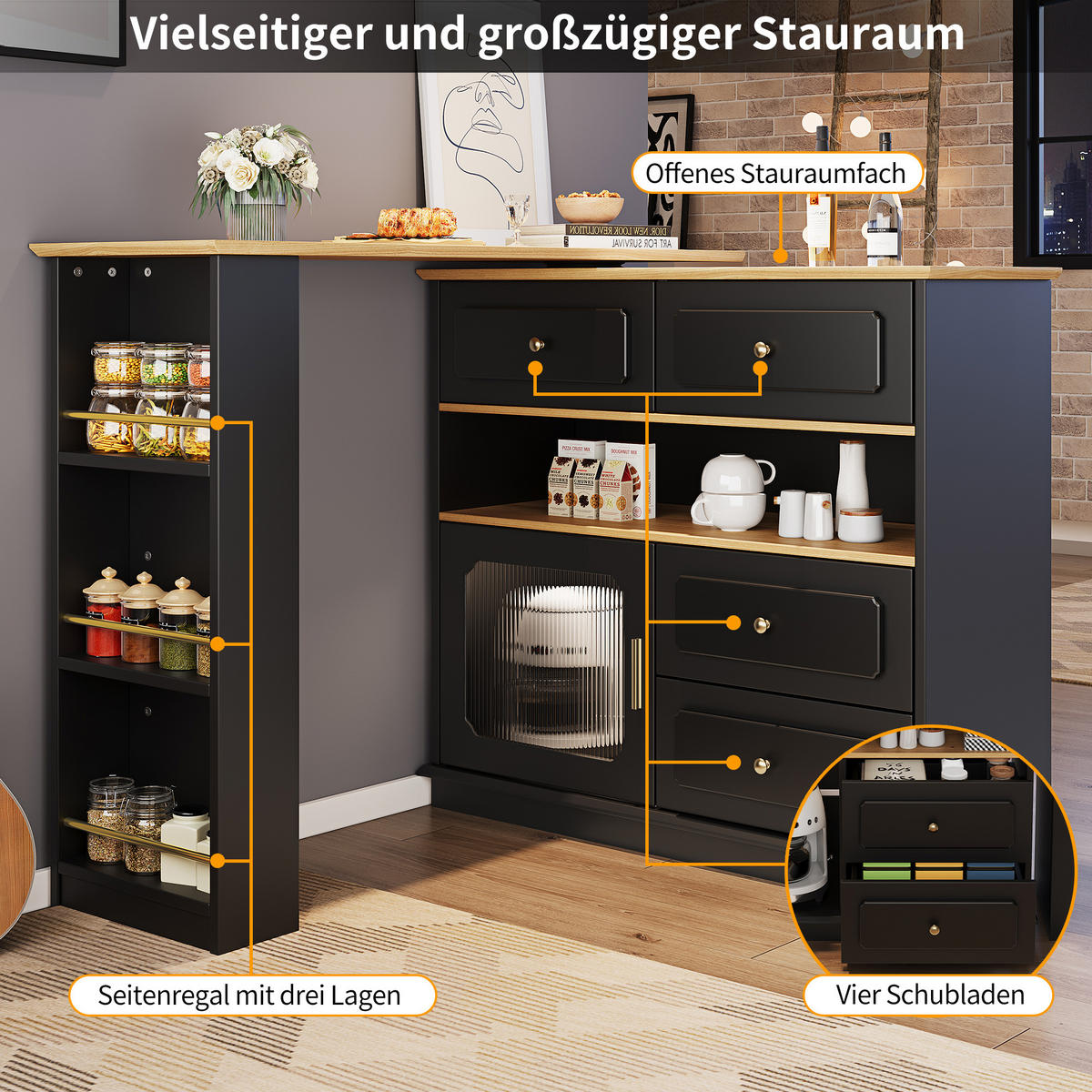 BARTISCH ausziehbarer mit Stauraum Schwarz - Schwarz, Holzwerkstoff/Metall (39/104.5/181cm) - Urban Meuble