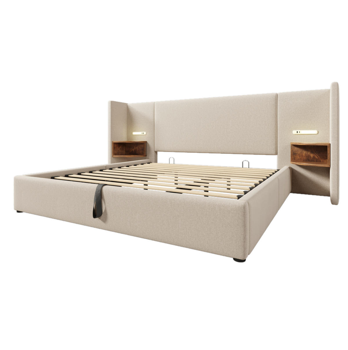 POLSTERBETT 180/200 cm Beige mit Nachttisch und USB-Ladefunktion - Beige, Textil (180/200cm) - OKWISH