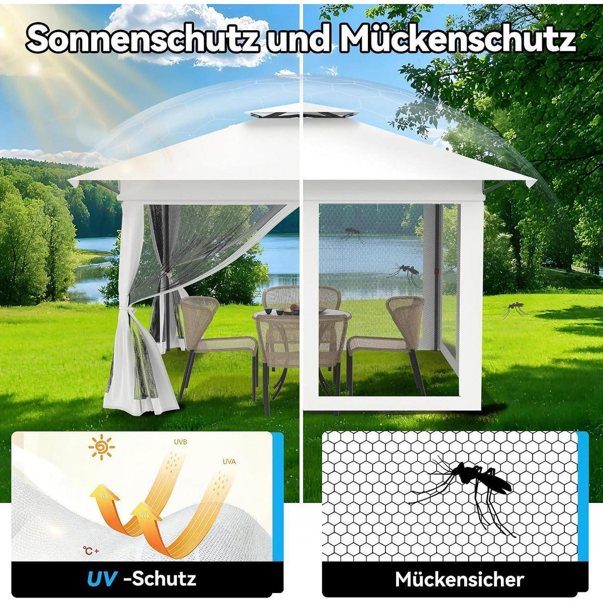 GARTENPAVILLON 400 x 400 cm faltbar mit Netzseitenwänden weiß - Weiß, Kunststoff (400/275/400cm)