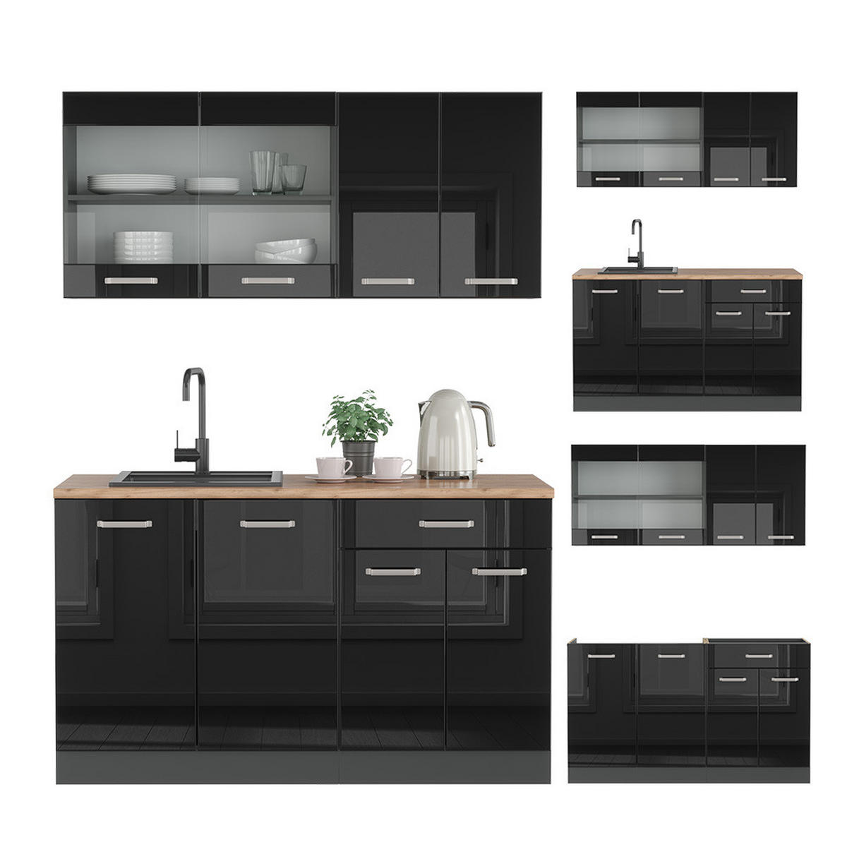 SINGLEKÜCHE R-Line Schwarz Hochglanz/Anthrazit 140 cm ohne AP - Schwarz Hochglanz/Anthrazit, Holzwerkstoff (140/81.6/46cm) - Vicco