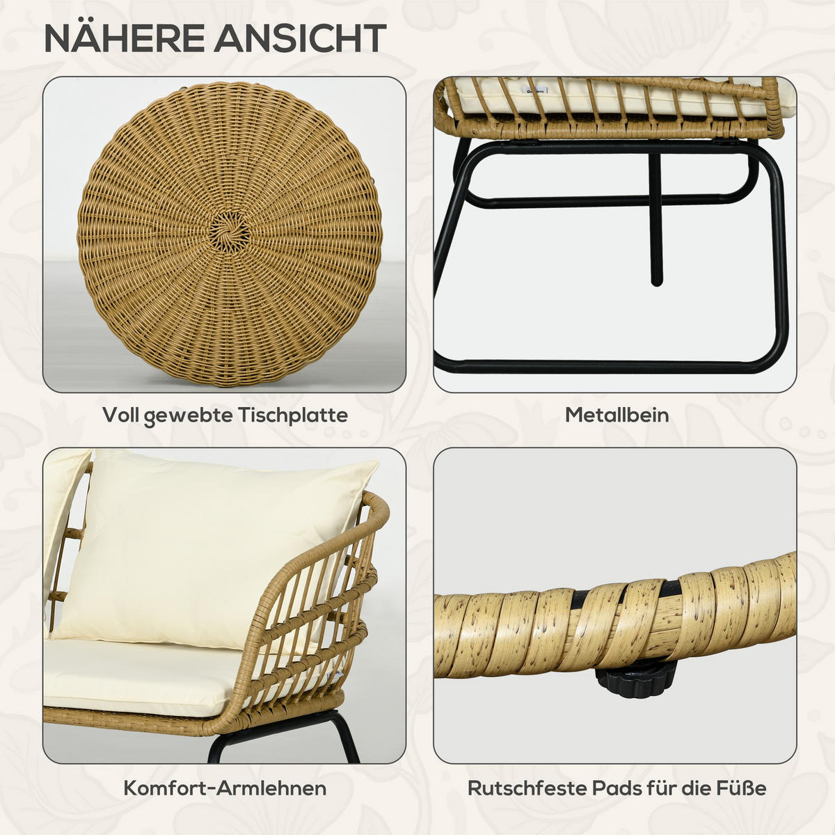 GARTENMÖBEL-SET mit Kissen, für Garten, Terrasse, Stahl, Beige - Beige, Kunststoff - Outsunny